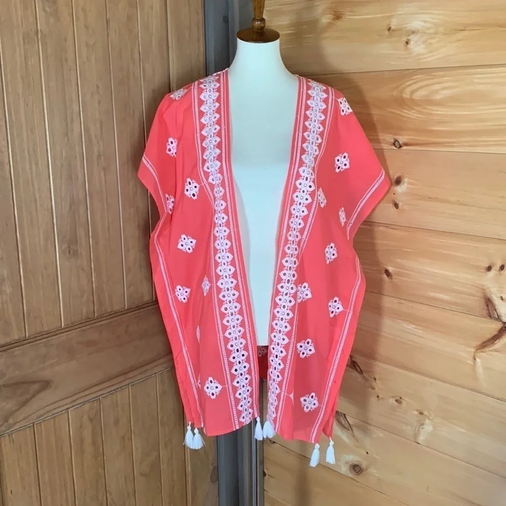 Time and Tru orange kimono / coverup with white embroidery & tassels Size S / M